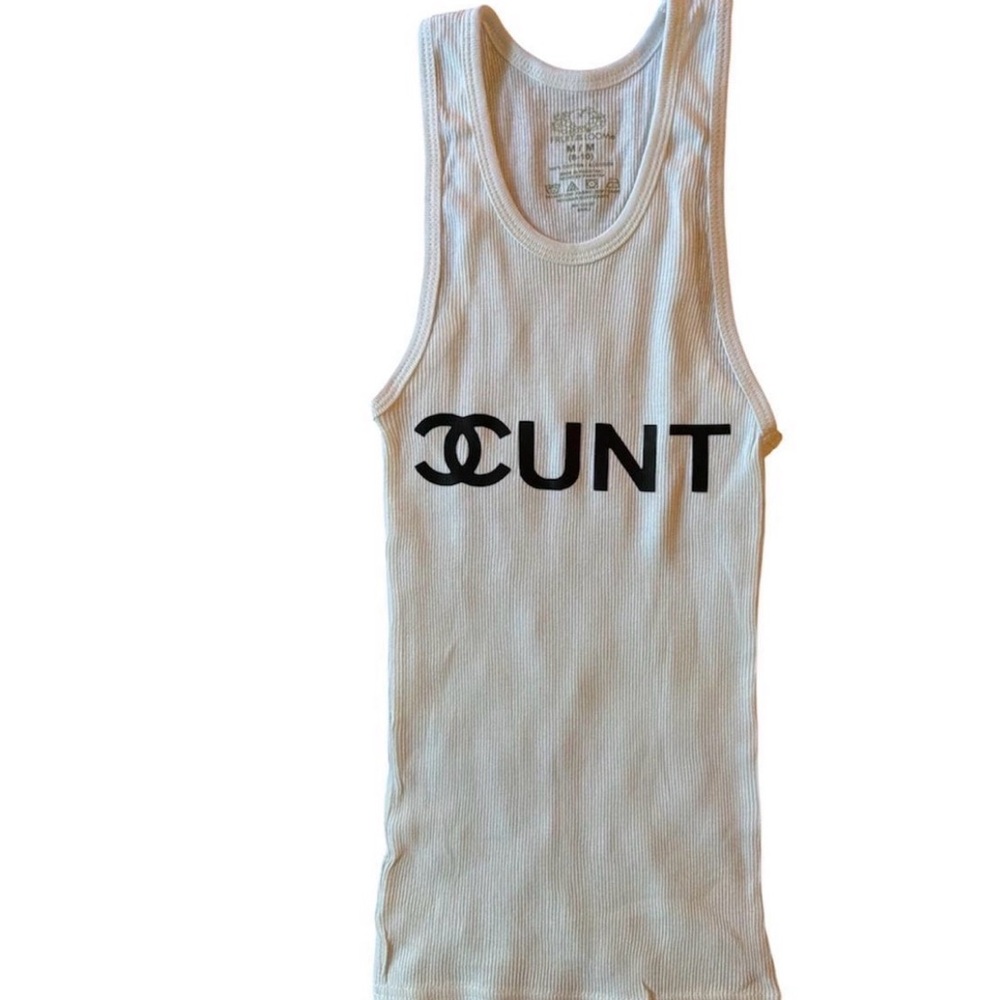 Fruit of the Loom White Ribbed Tank Top with Black Graphic